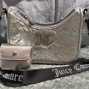 Juicy Couture Silver Quilted Metallic Shoulder Bag with Logo Strap